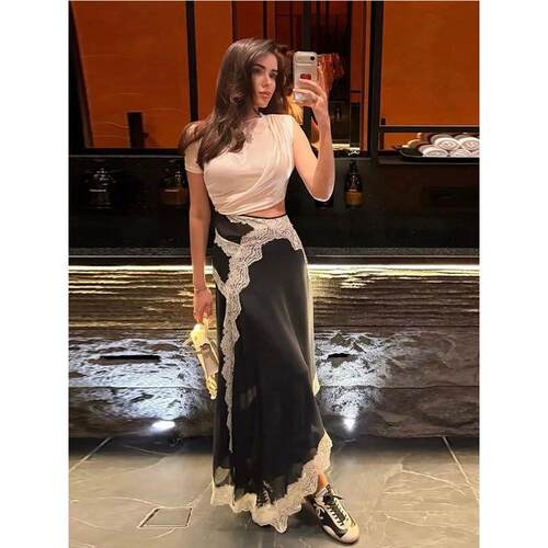 纯色不规则蕾丝连衣裙女Solid color irregular lace dress women