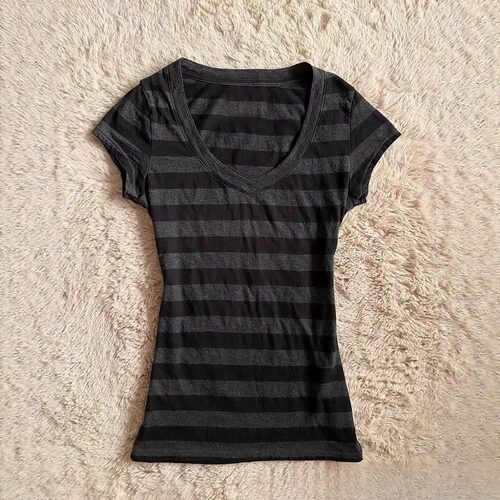 Y2K pinstripe V-neck short-sleeved T-shirt top