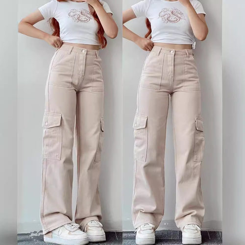 Straight Leg Cargo Pants Women HighWaist Baggy Trousers Lady