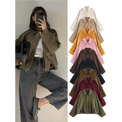 Women's Faux Suede Bomber Jacket Lapel Pilot Coat Casual夹克