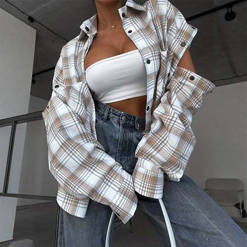 欧美时尚宽松格纹长袖衬衫衬衣女 Oversize Blouse Shirt Women