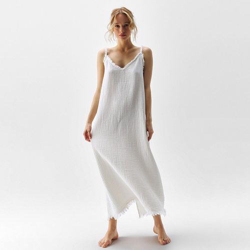 简约休闲吊带裙棉质皱布前后V领开叉连衣裙Cotton camisole dress