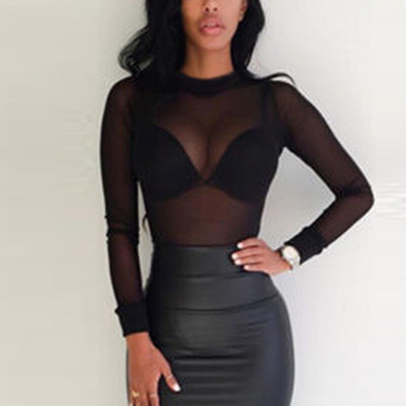Mesh elastic tight fitting long sleeves网纱弹力紧身长袖夏女