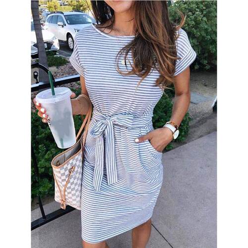 Crew Neck Short Sleeve Tunic Striped Dress圆领束腰条纹连衣裙