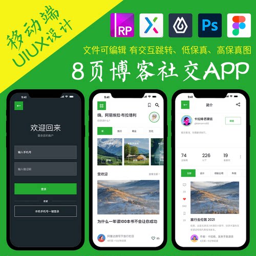 8页社交APP即时设计figma作业博客资讯Axure高保真xd交互原型psd