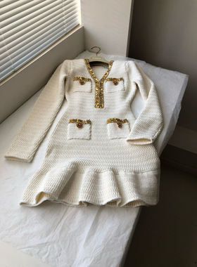 2025早春新款小香风重工钉珠镶钻针织连衣裙女