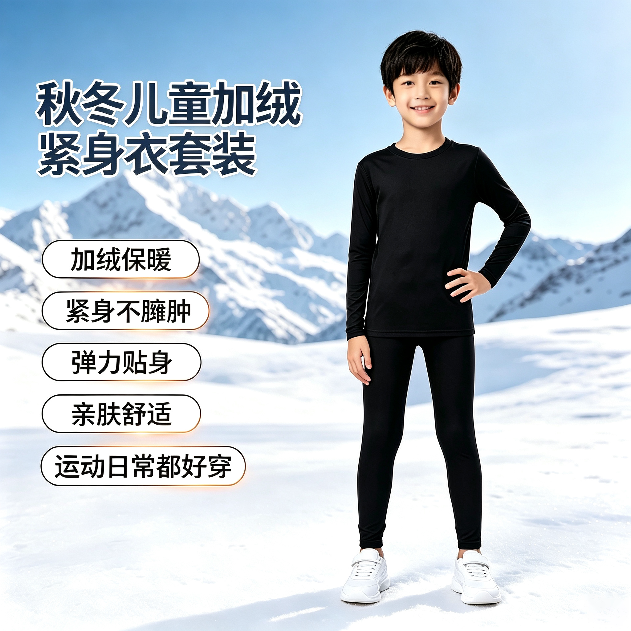 儿童加绒保暖内衣打底套装秋冬户外弹力速干亲肤紧身运动服男女童