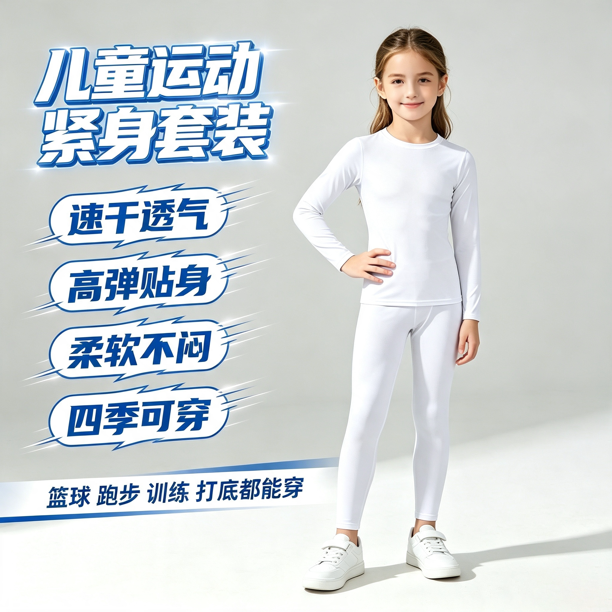 儿童运动套装男女通用四季速干透气高弹贴身篮球长袖打底训练服