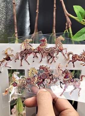 创意国风马纹转印贴纸防水立体DTF水晶标贴高颜值笔记本装饰贴画