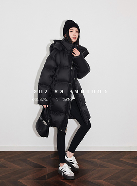 2025冬季新款少女感宽松连帽90白鹅绒保暖加厚中长款羽绒服外套女