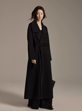 2025冬季新款黑色高端浴袍长款赫本风毛呢外套慵懒双面羊绒大衣女