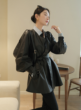 2025春秋款轻奢时尚修身显瘦绵羊皮真皮皮衣收腰中长款风衣外套女