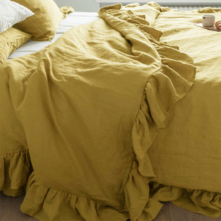 法国荷叶边款 亚麻四件套水洗ins简约床单被套三件套床上用品定制