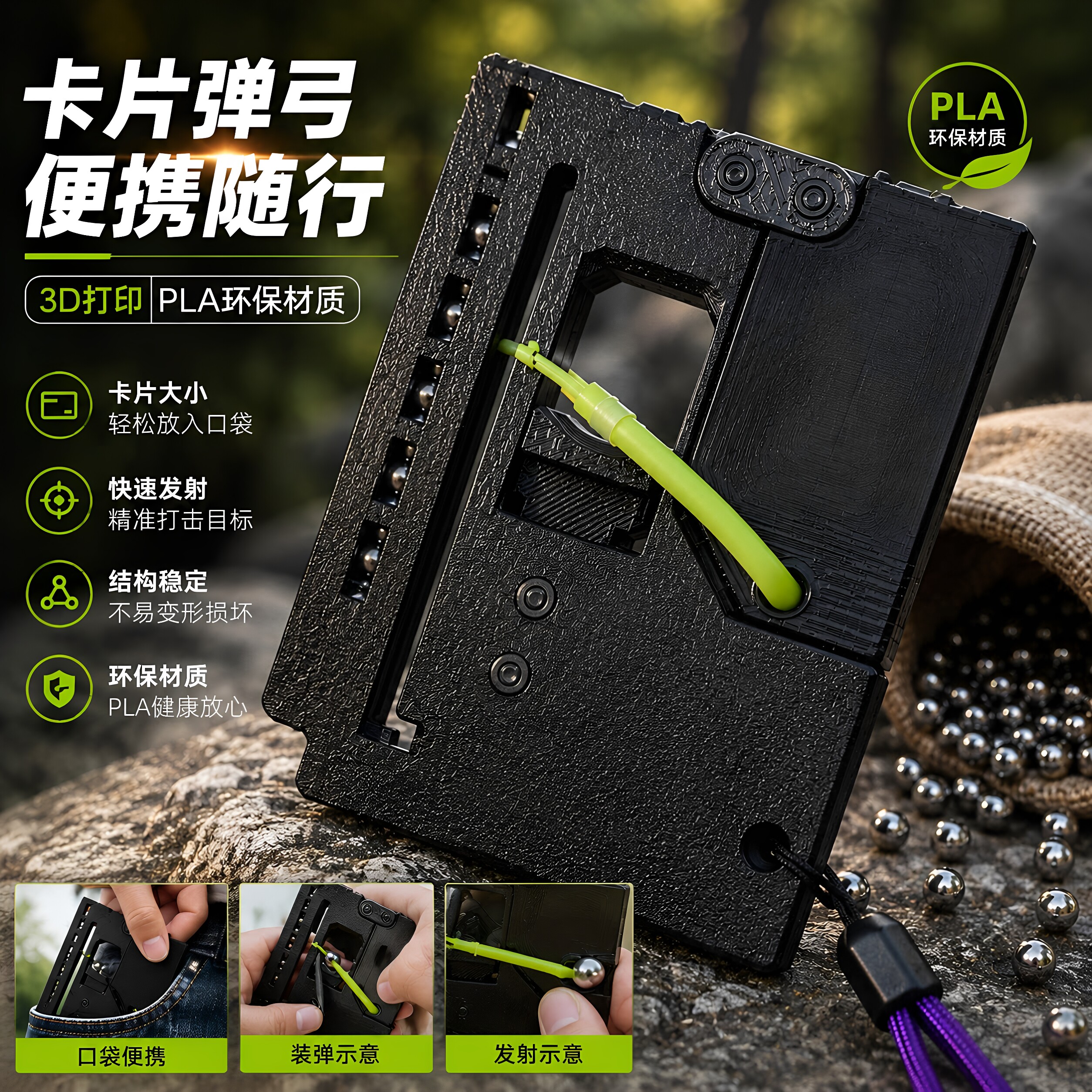 钢珠卡片弹弓 便携折叠手枪造型弹射器 户外迷你弹弓成人解压玩具