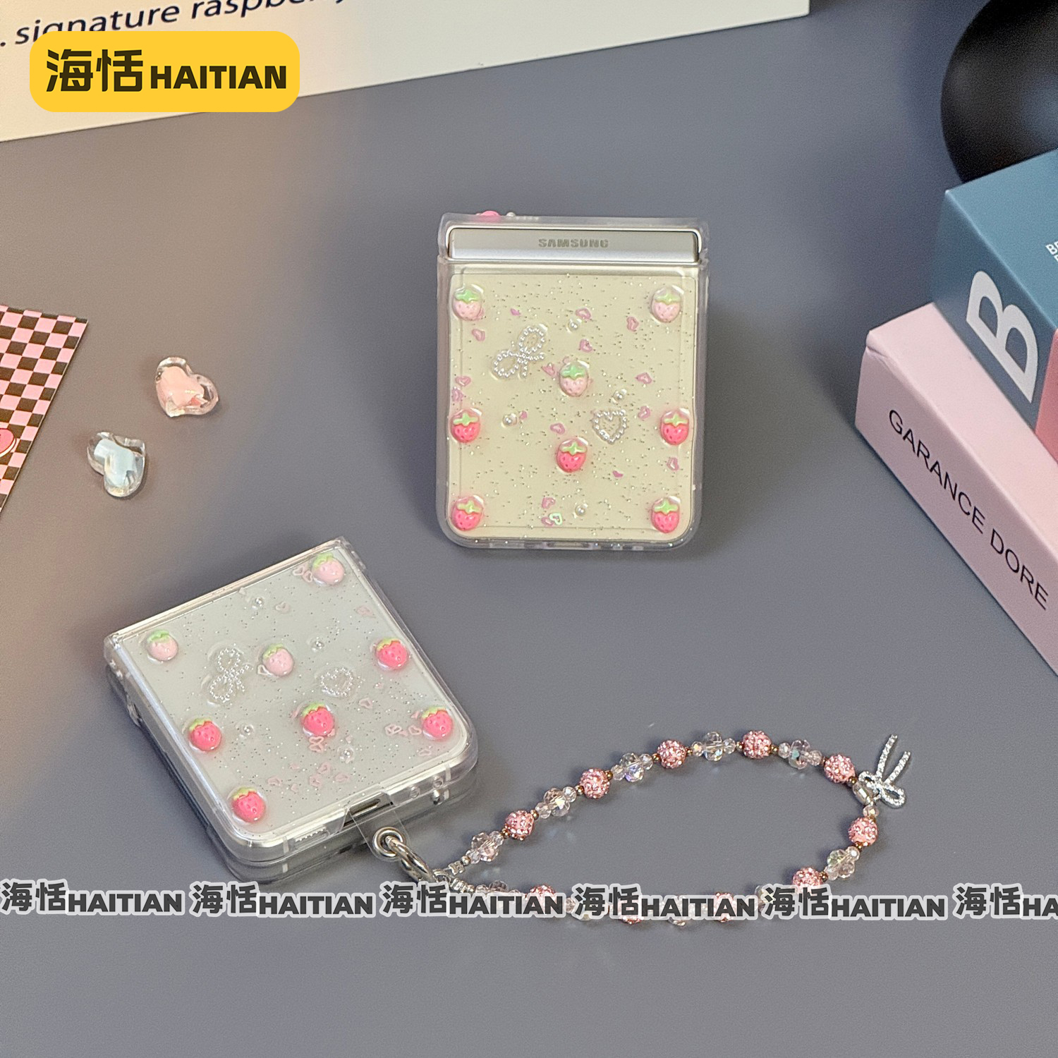 滴胶闪粉ins小草莓折叠屏手机壳