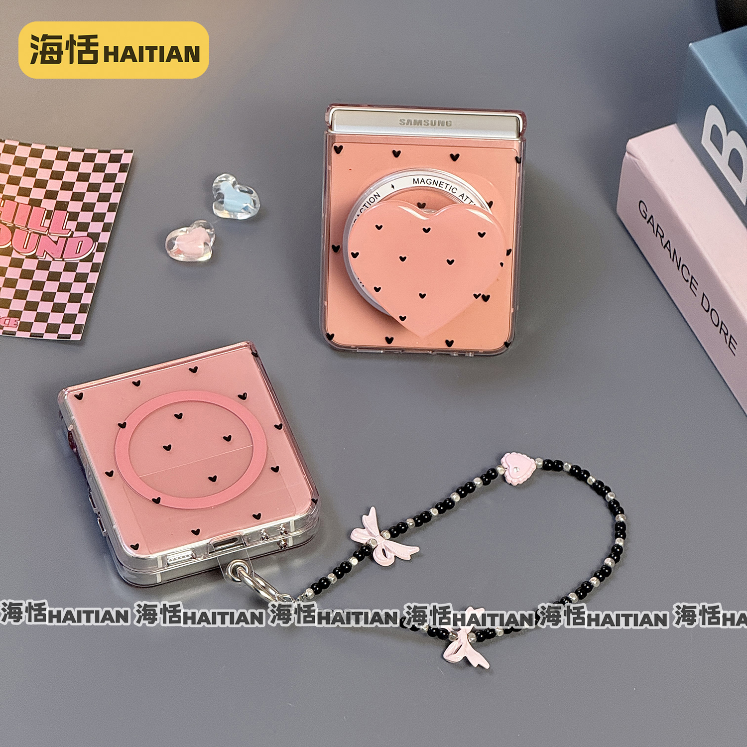 ins黑色小爱心折叠屏磁吸手机壳