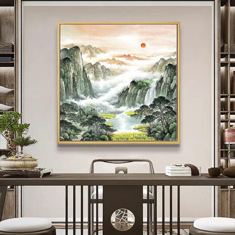 正方形挂画靠山字画卫生间厕所装饰画玄关新中式旺财山水风景壁画图片