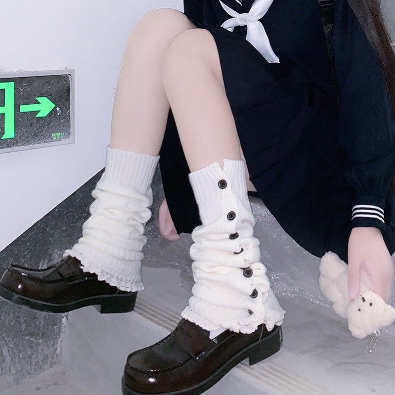 秋冬保暖纽扣袜套针织袜甜美少女中筒袜