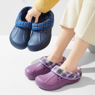 冬季加绒洞洞棉拖鞋女新款可拆洗毛里防水防滑厚底外穿居休闲男