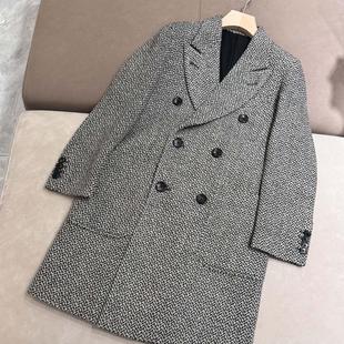 意大利款鼎奢系列LP羊毛亚麻混纺人字纹老钱风双排扣长款大衣外套