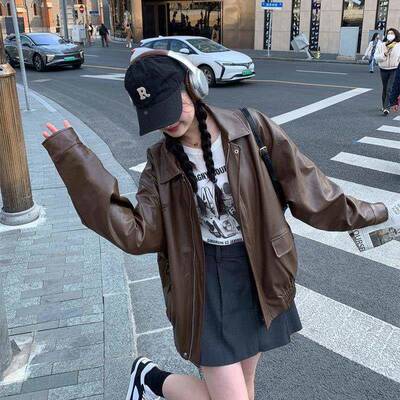 色皮外套女202棕5子春秋新款小个港风覆古高级感KSPY666夹衣克美