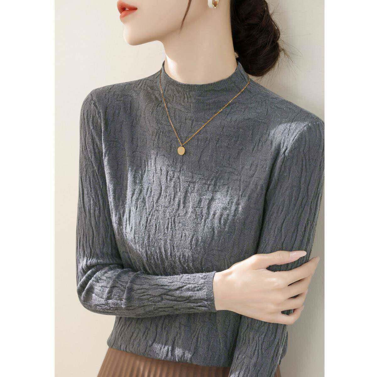 女法式高级9012B##-感半高领黑色针风打底衫毛衣装秋冬内搭长织袖