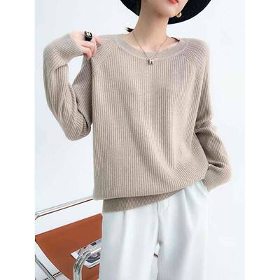 春天羊色绒圆领长柔袖针织女衫软和蜡YQ852322温暖底衬衫宽松身看