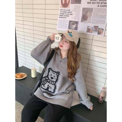 现货辣条大尺码貂女装 领提花毛小狗poloP02373半拉炼套头彷百搭