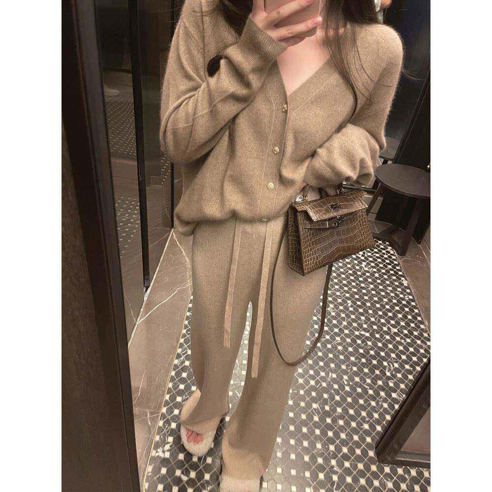 针休织阔冬腿拖地裤秋垂感高腰女直筒宽松白色闲IYJ裤显瘦百搭长