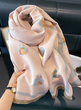 法国BGCG山羊绒围巾粉色秋冬季百搭围脖可爱少女加厚保暖披肩两用