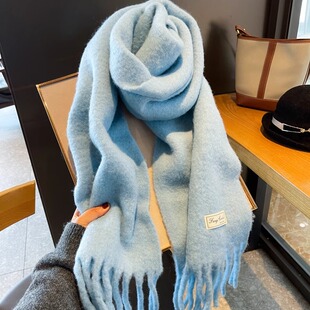 法国BGCG软乎乎海蓝色女士围巾洋气简约百搭纯色羊绒加厚加长围脖