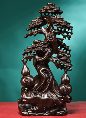 黑檀木雕摇钱树摆件实木福财树