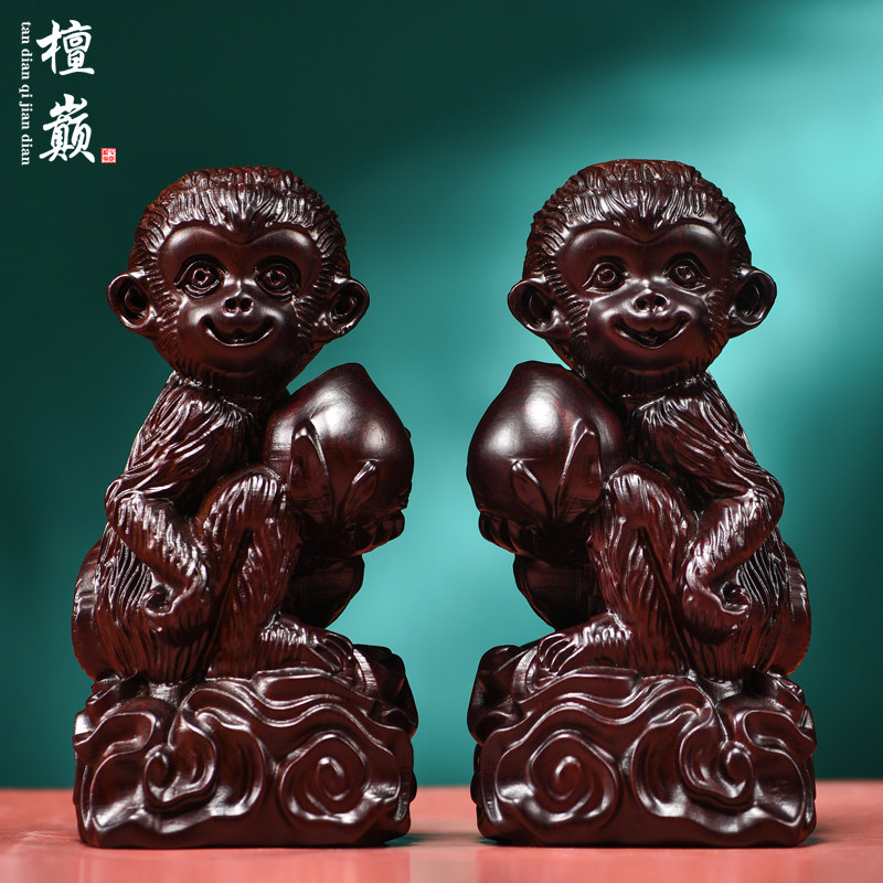 黑檀木雕猴子一对摆件实木装饰