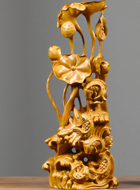 木雕荷花鲤鱼摆件实木年年有余