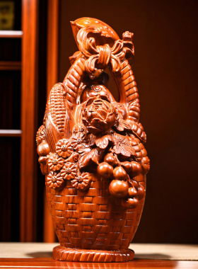 花梨木雕大丰收花篮摆件实木装饰