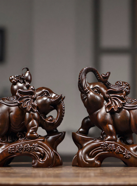 木雕大象摆件一对实木福禄如意象