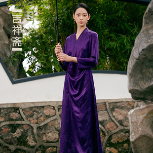 提花传统中国风 吉祥斋女装 紫灵檀系带连衣裙长袖