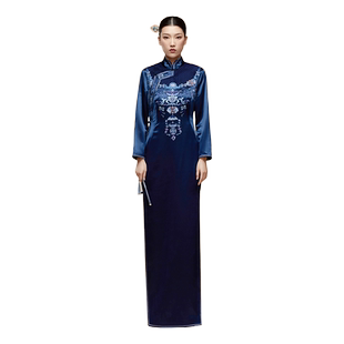 吉祥斋女装春樱坊旗袍中式复古端庄气质长款礼服真丝重工刺绣