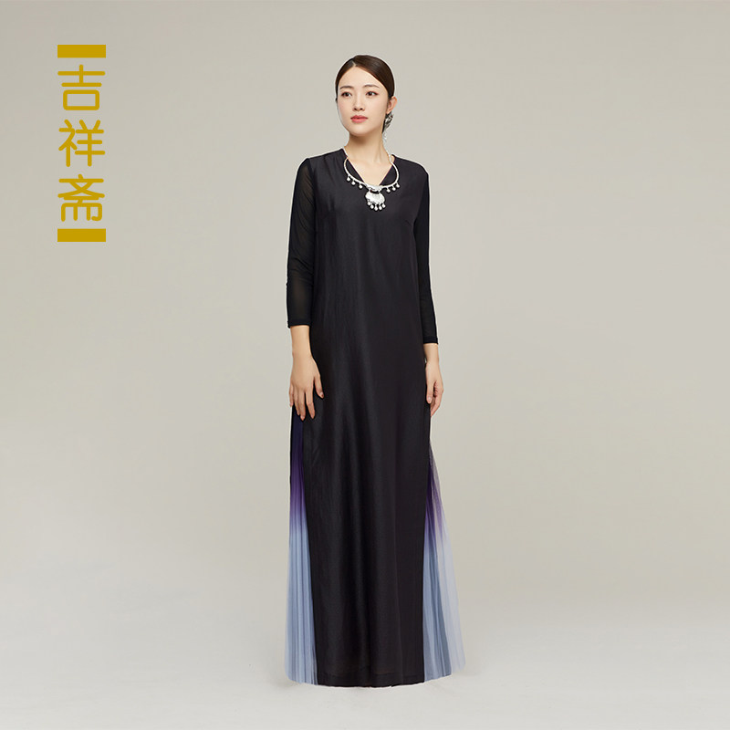 吉祥斋女装琵琶声连衣裙复古简约V领宽松国风桑蚕丝礼服正品