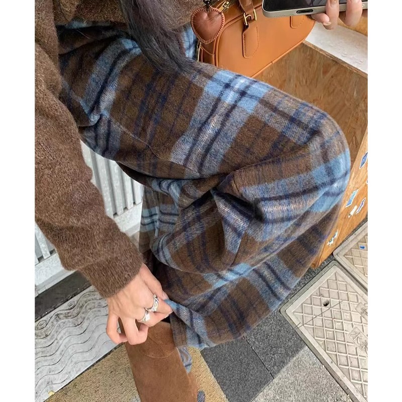 蓝色毛呢格子阔腿裤女秋冬韩版网红高腰直筒裤宽松百搭休闲拖地
