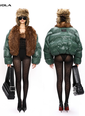 NOLA*Hoodie Jacket低调Kendall老钱绿 棕色皮草翻领秋冬棉服外套