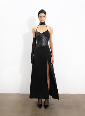 NOLA*Side-split Silk Dress”弗朗明哥”绸缎感拼皮黑色修身长裙