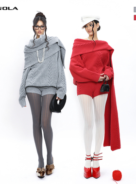NOLA*fufu sweater 红色系/灰色系围巾套头软糯毛衣慵懒针织套装