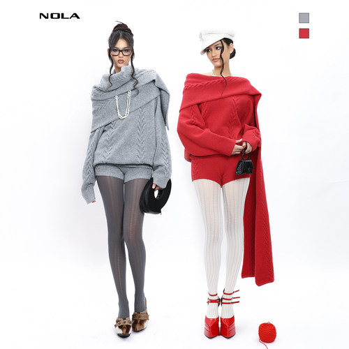 NOLA*fufu sweater 红色系/灰色系围巾套头软糯毛衣慵懒针织套装