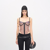 NOLA 卡戴珊风豹纹小碎花网纱拼接排扣复古钢圈野性吊带连体衣女