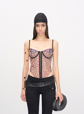 NOLA 卡戴珊风豹纹小碎花网纱拼接排扣复古钢圈野性吊带连体衣女