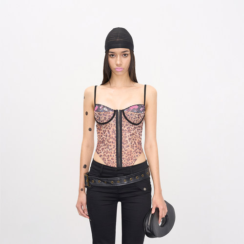 NOLA 卡戴珊风豹纹小碎花网纱拼接排扣复古钢圈野性吊带连体衣女