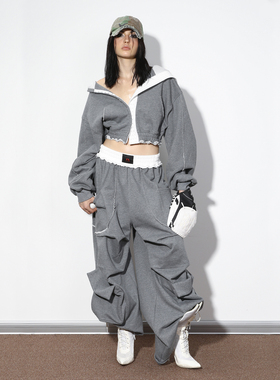 NOLA*Hoodie Suit 灰色/迷彩宽松卫衣拳击口袋卫裤套装女