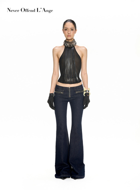 NOLA 腿精低腰原牛深蓝拉链修身显瘦直筒微喇牛仔裤