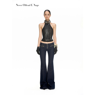 NOLA 腿精低腰原牛深蓝拉链修身显瘦直筒微喇牛仔裤